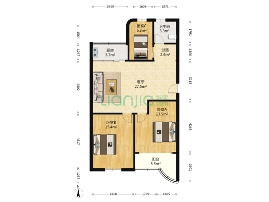 华中公寓 3室1厅1卫 96平方