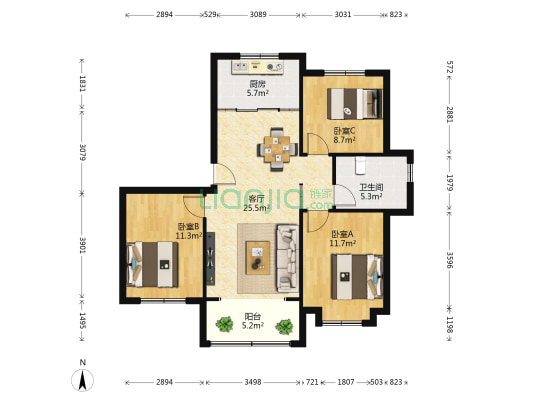 磊鑫河畔阳光 3室1厅1卫 100平方