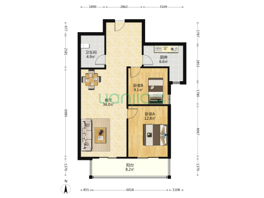 御花园 2室1厅1卫 102平方