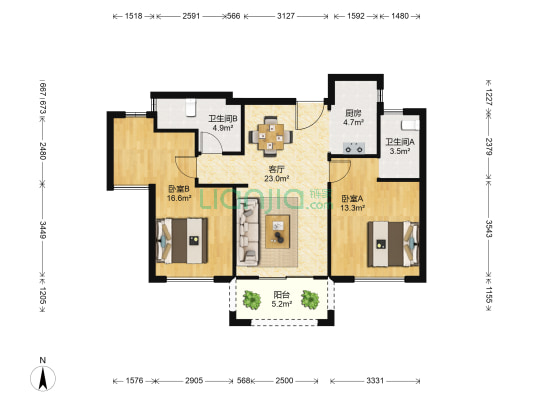 德信爱琴海岸 2室1厅2卫 86平方
