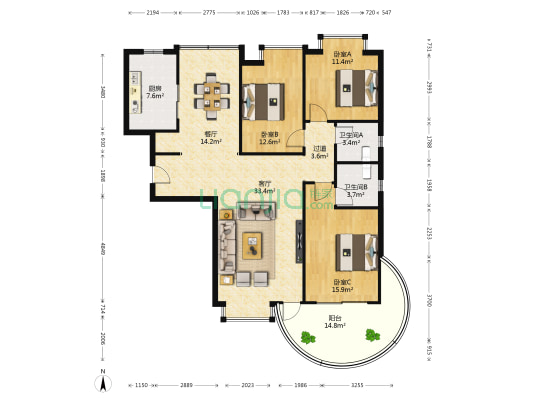 江信国际花园 3室2厅2卫 139平方