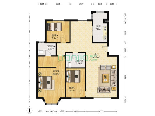 保利蔷薇 3室1厅2卫 128平方