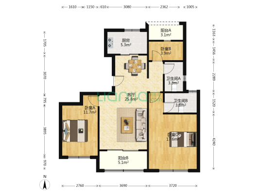 紫誉华庭 3室1厅2卫 108平方
