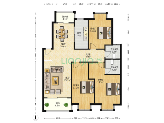龙新家园 3室2厅2卫 142平方