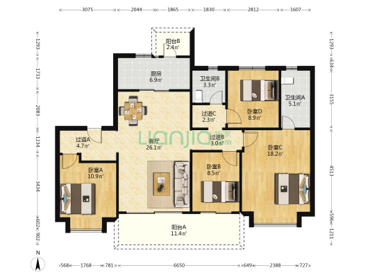 旭辉江山和鸣观庭 4室1厅2卫 143平方