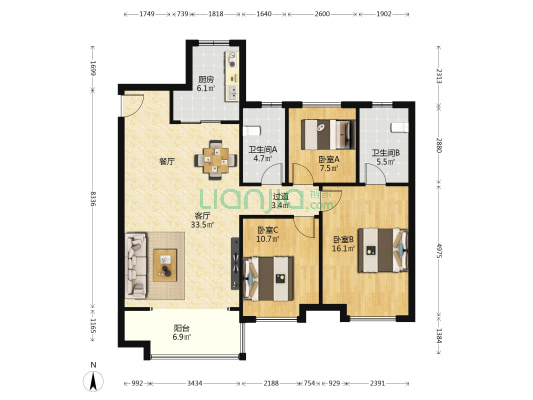 白桦林漫步 3室1厅2卫 137平方