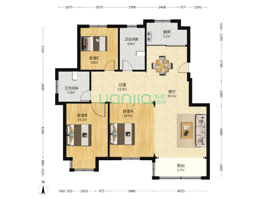青逸家园 3室1厅2卫 140平方