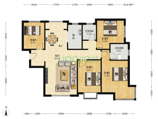 天庆蓝色港湾 4室1厅2卫 141平方