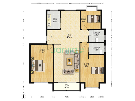 荆溪苑 3室1厅2卫 141平方