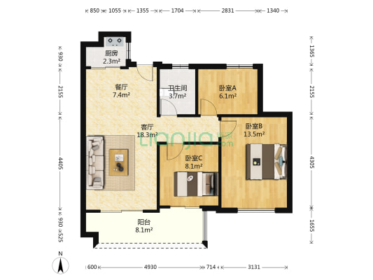 滨江金色家园 3室2厅1卫 89平方