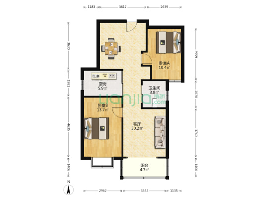 恒远中央公馆 2室1厅1卫 95平方