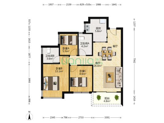 中南紫云集（南区） 3室1厅2卫 95平方