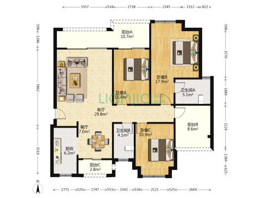 金域华府花城 3室2厅2卫 178平方