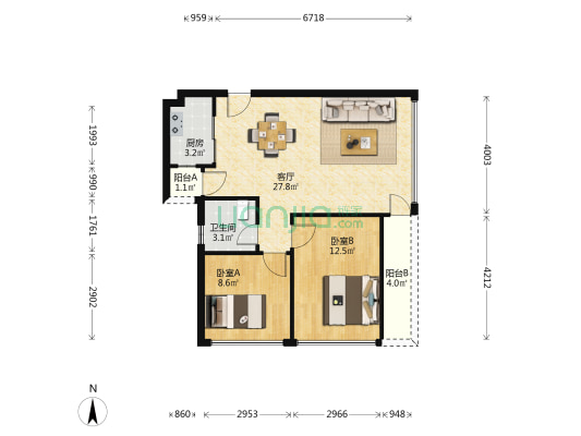 深业泰富广场 2室1厅1卫 89平方