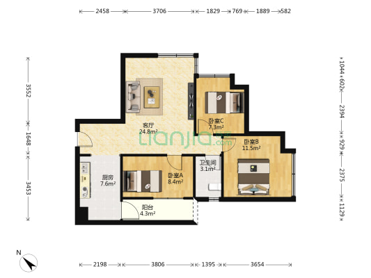 向西大厦 3室1厅1卫 90平方