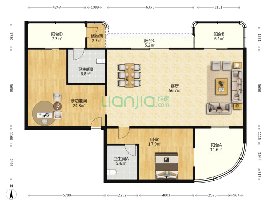 鹏豪苑 2室1厅2卫 188平方