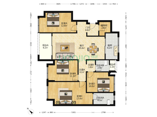 万科招商理想城风华 4室1厅2卫 128平方