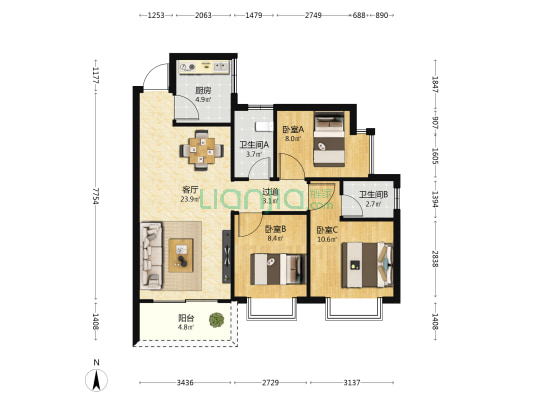 星海名城珑庭 3室1厅2卫 92平方