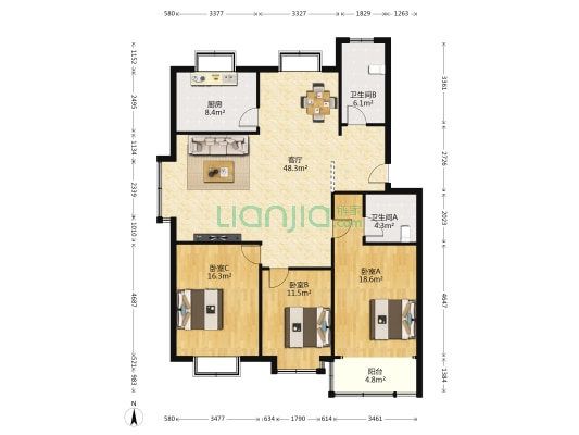 旭日花园 3室1厅2卫 136平方