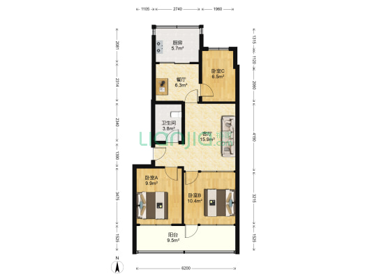 枣行小区 3室2厅1卫 77平方