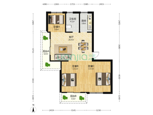 鸿翔香樟里 3室1厅1卫 86平方