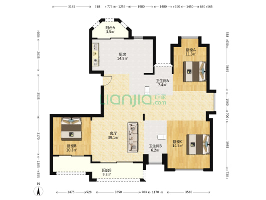 北湖玉园 3室1厅2卫 147平方