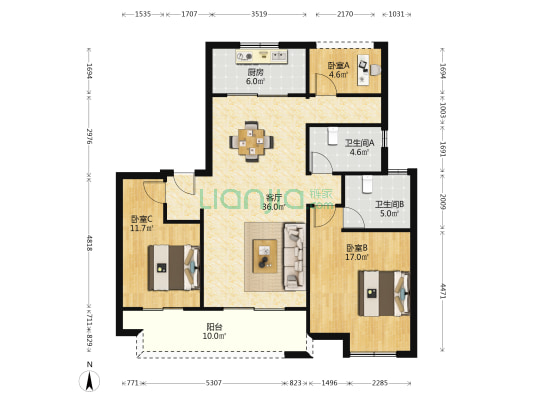 东望花园 3室1厅2卫 117平方