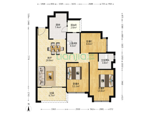 优筑天府城 3室1厅2卫 108平方