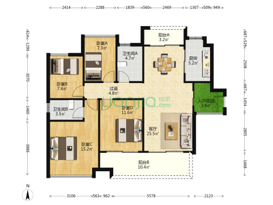 智联花园 4室1厅2卫 126平方