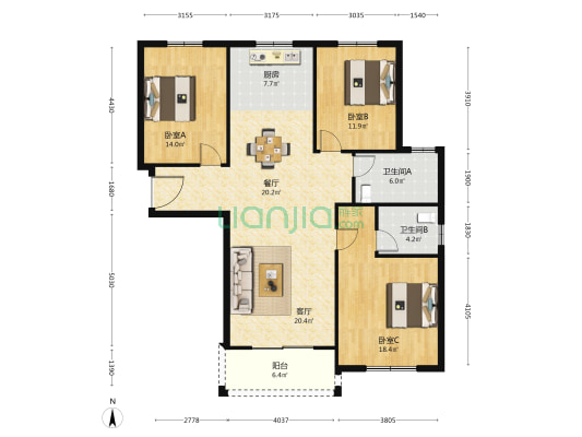 金群家园西区 3室2厅2卫 144平方