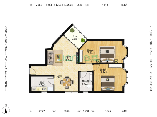 桂花中心大厦 2室1厅1卫 86平方