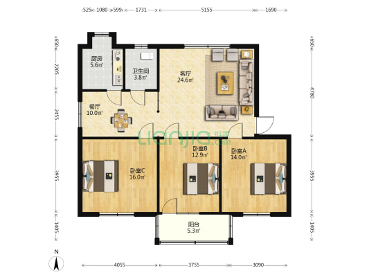 荆州街102号 3室2厅1卫 109平方