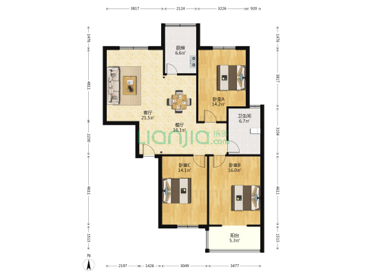 金色安康家园南区 3室2厅1卫 138平方
