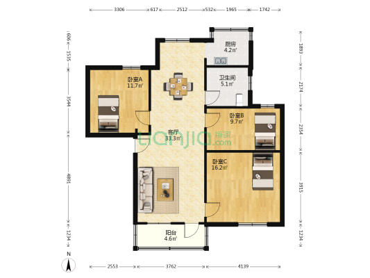 TCL花边岭小区 3室1厅1卫 96平方