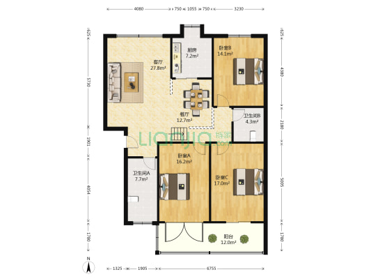富康园 3室2厅2卫 133平方