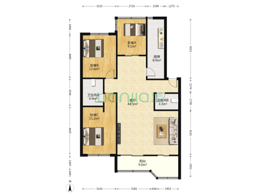 消防公寓 3室1厅2卫 142平方