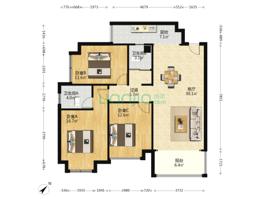 半山康城 3室1厅2卫 109平方