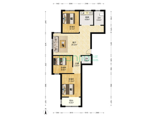 财富公馆 3室1厅2卫 101平方