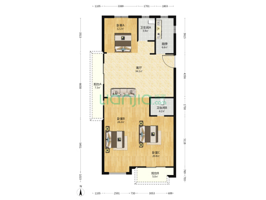 鸿悦园 3室1厅2卫 156平方