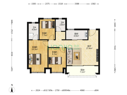 上湾璟园 3室1厅2卫 106平方