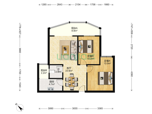 格林经典 2室1厅1卫 84平方