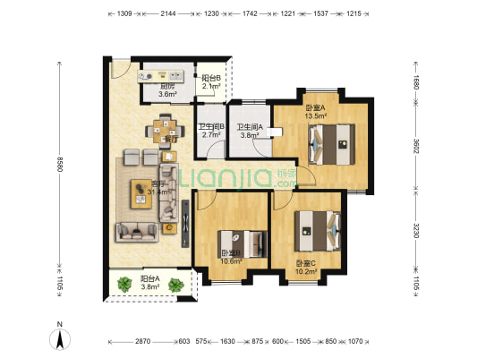 顺景蔷薇山庄三期 3室1厅2卫 98平方