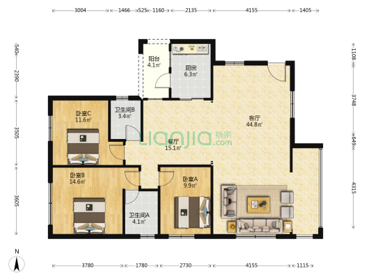 灯都华廷 3室2厅2卫 155平方