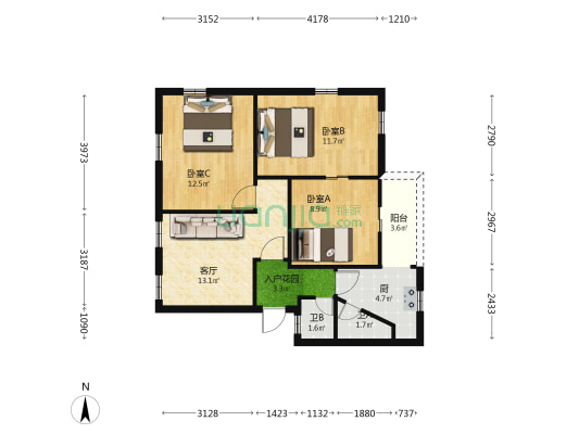 柏子树下 3室1厅2卫 73平方