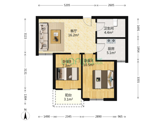 阳光逸城 2室1厅1卫 61平方