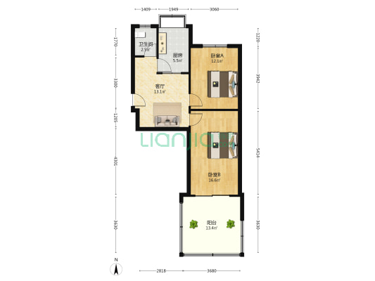 培训中心宿舍 2室1厅1卫 64平方