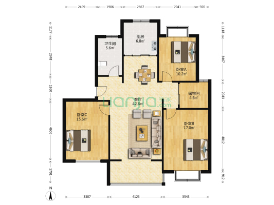 四季花苑 3室1厅1卫 127平方