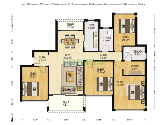 金山谷尚层 4室1厅2卫 142平方