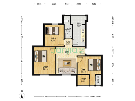 鸿福居 3室1厅2卫 78平方