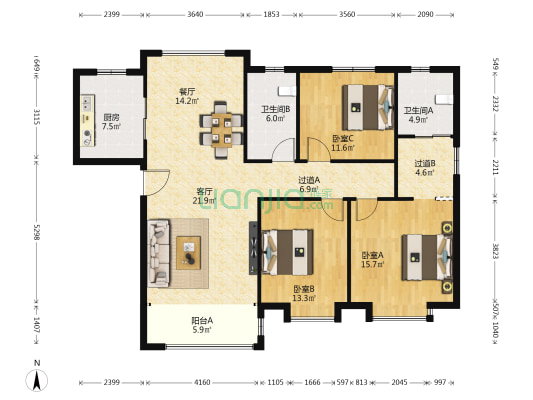 天安数码城珑园 3室2厅2卫 153平方